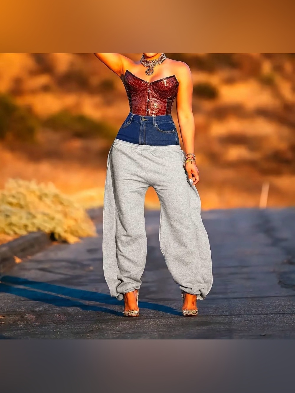 High-Waist Two-Tone Jogger Pants - Gray - Picture 1 of 4